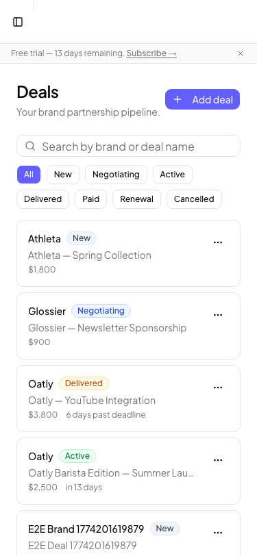 Log your first deal — mobile view